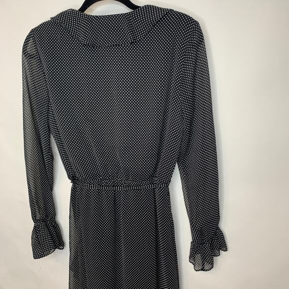 Black White Polka Dot Chiffon Dress Ruffle Long Sleeve Sz 6 - Picture 7 of 13